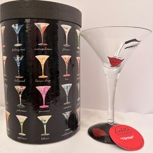 ‘Flirt Tini’ Lolita Clear Martini Glass with Black Eyelash & Red Lip Graphic
